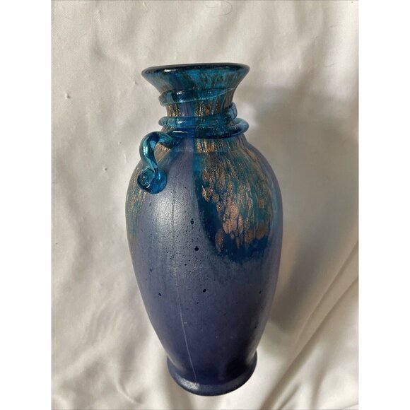 Handmade Blue & Gold Art Glass Vase With Textured Design - Decorative Accent Pie - Picture 11 of 14